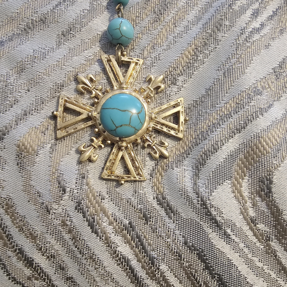 Turquoise Stone Gold Cross Pendant Necklace - Women's Fashion Jewelry